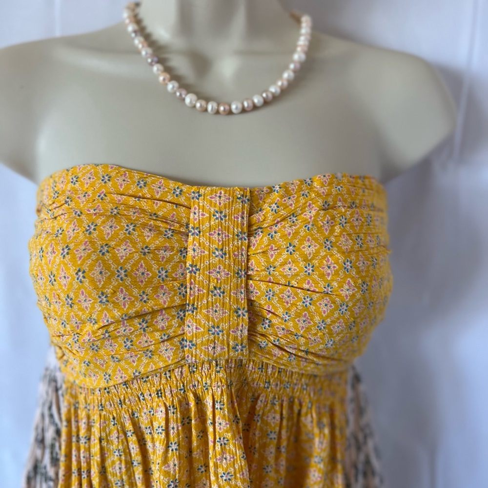 NWT Free People Strapless Ruched Cocktail Dress in Yellow and Green - Picture 2 of 12
